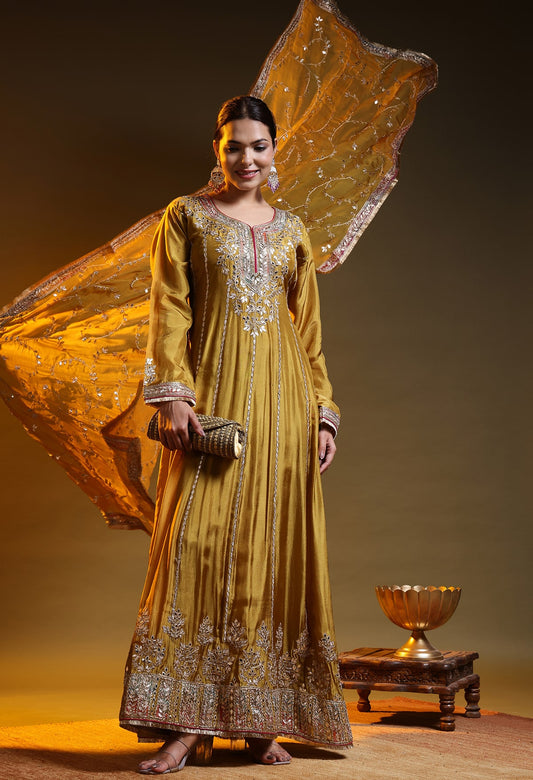 Greenish Yellow Crepe & Organza Gotta–Zardozi–Applique Anarkali Set