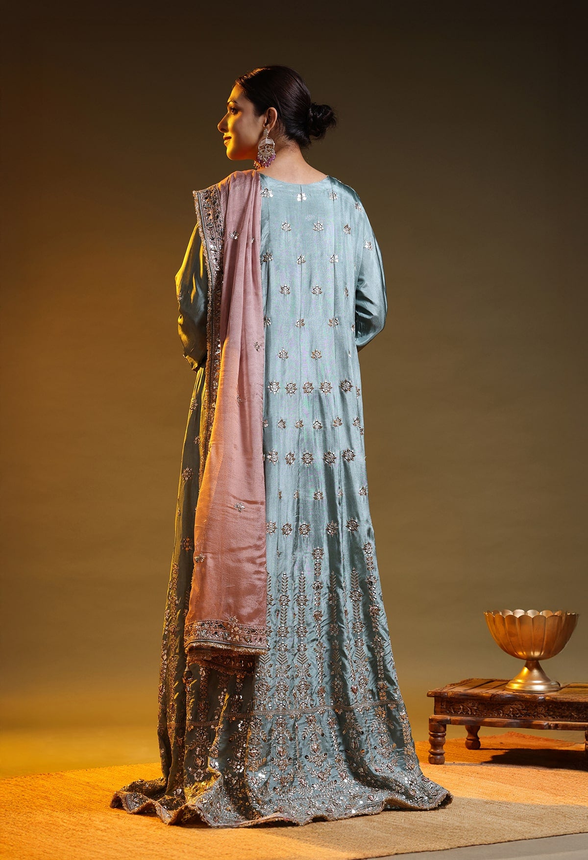 Pista Green Crepe & Chinon Zardozi–Gotta–Sequin–Applique Anarkali Set