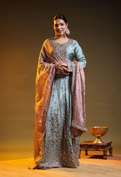 Pista Green Crepe & Chinon Zardozi–Gotta–Sequin–Applique Anarkali Set