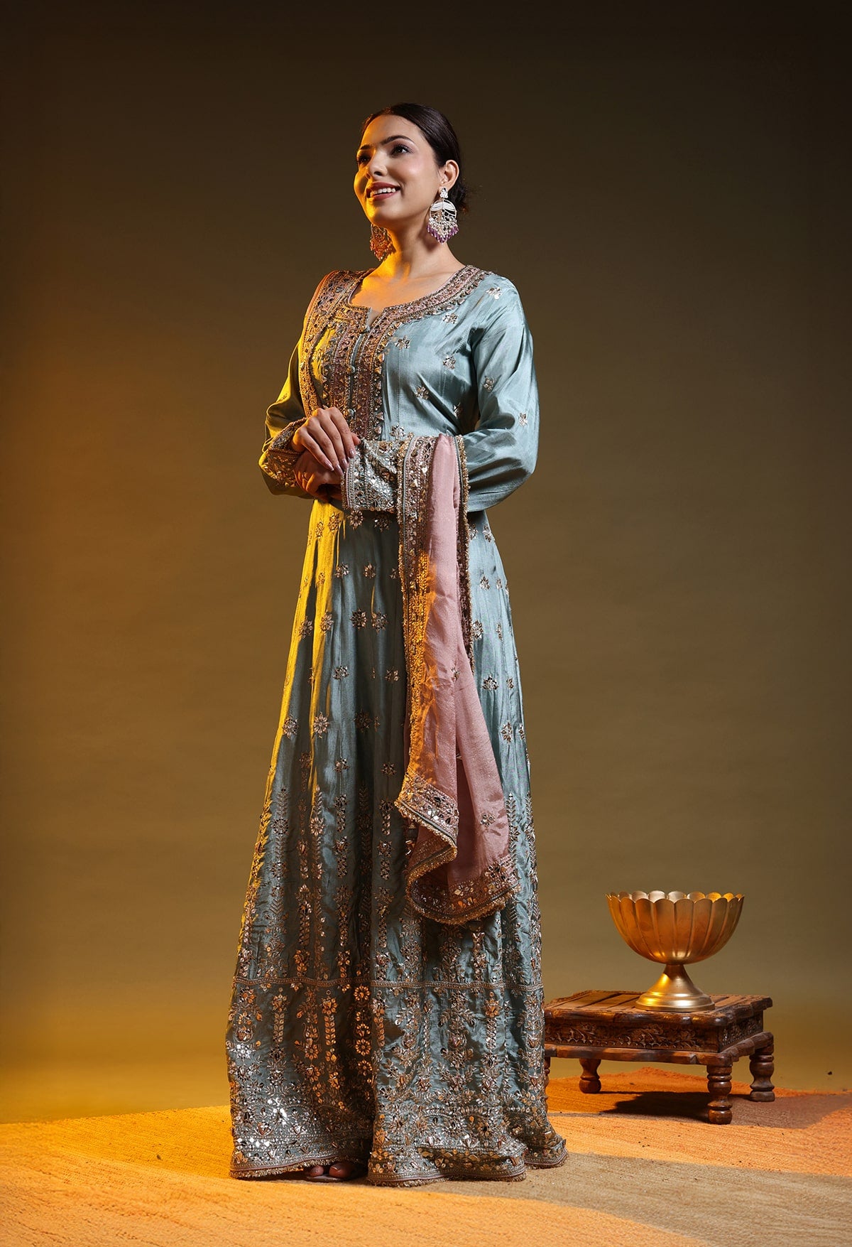 Pista Green Crepe & Chinon Zardozi–Gotta–Sequin–Applique Anarkali Set