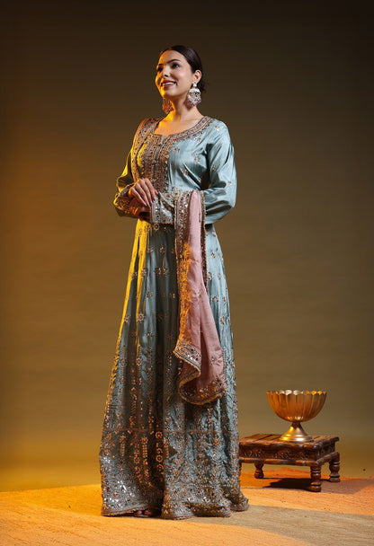 Pista Green Crepe & Chinon Zardozi–Gotta–Sequin–Applique Anarkali Set