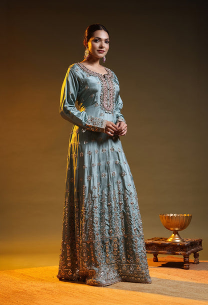 Pista Green Crepe & Chinon Zardozi–Gotta–Sequin–Applique Anarkali Set