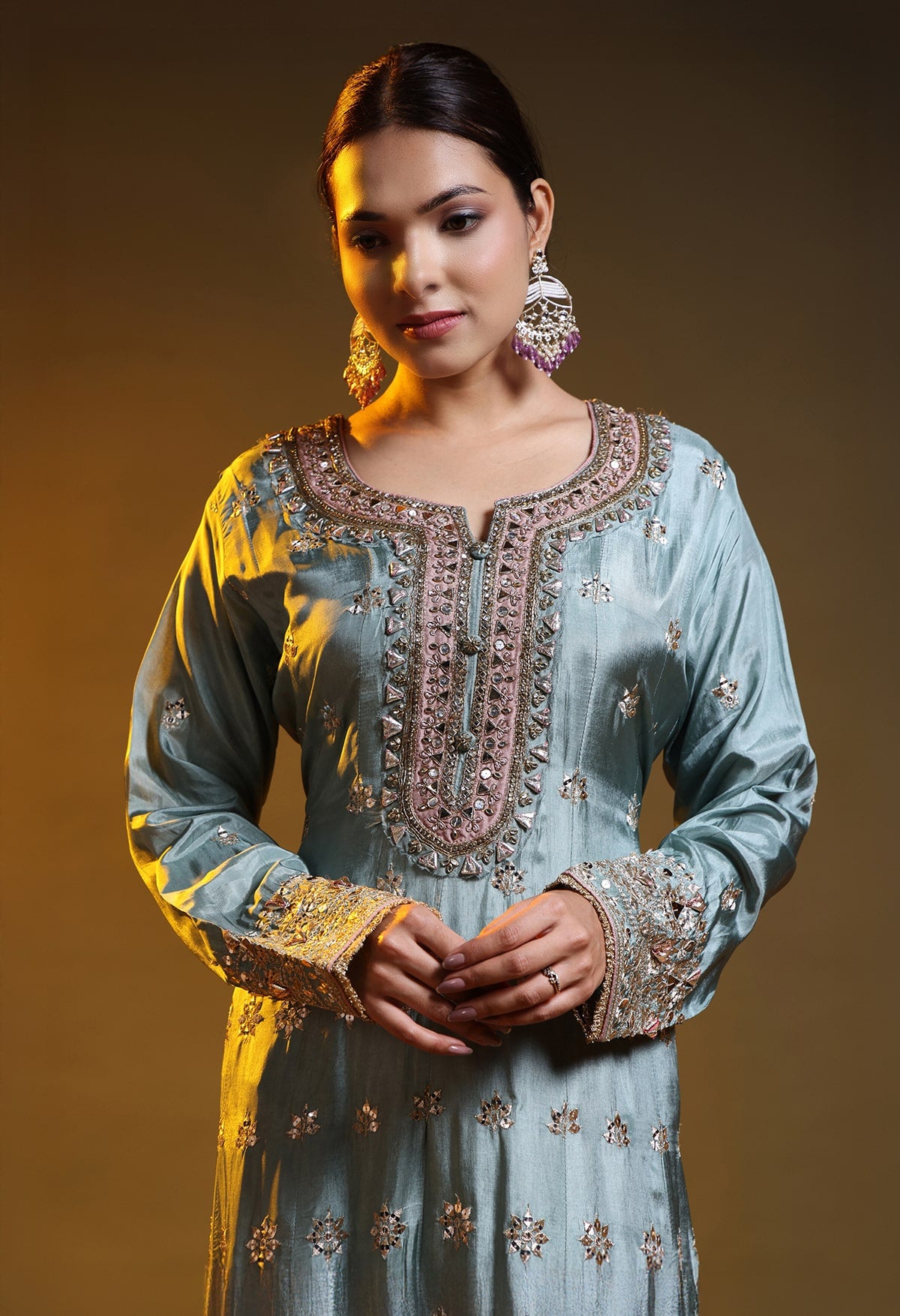 Pista Green Crepe & Chinon Zardozi–Gotta–Sequin–Applique Anarkali Set