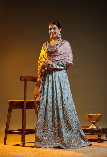 Pista Green Crepe & Chinon Zardozi–Gotta–Sequin–Applique Anarkali Set