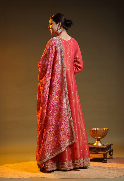 Pinkish Orange Tissue Silk & Banarasi Silk Zardozi–Sequin–Applique Anarkali Set