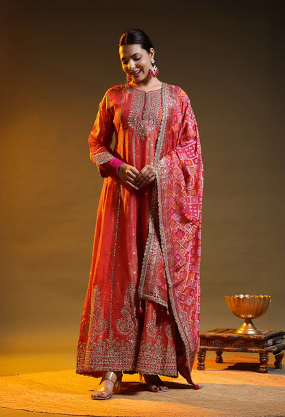 Pinkish Orange Tissue Silk & Banarasi Silk Zardozi–Sequin–Applique Anarkali Set