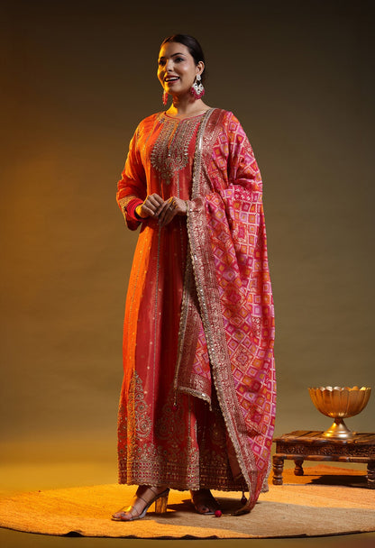 Pinkish Orange Tissue Silk & Banarasi Silk Zardozi–Sequin–Applique Anarkali Set