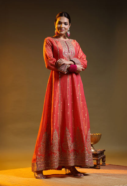 Pinkish Orange Tissue Silk & Banarasi Silk Zardozi–Sequin–Applique Anarkali Set