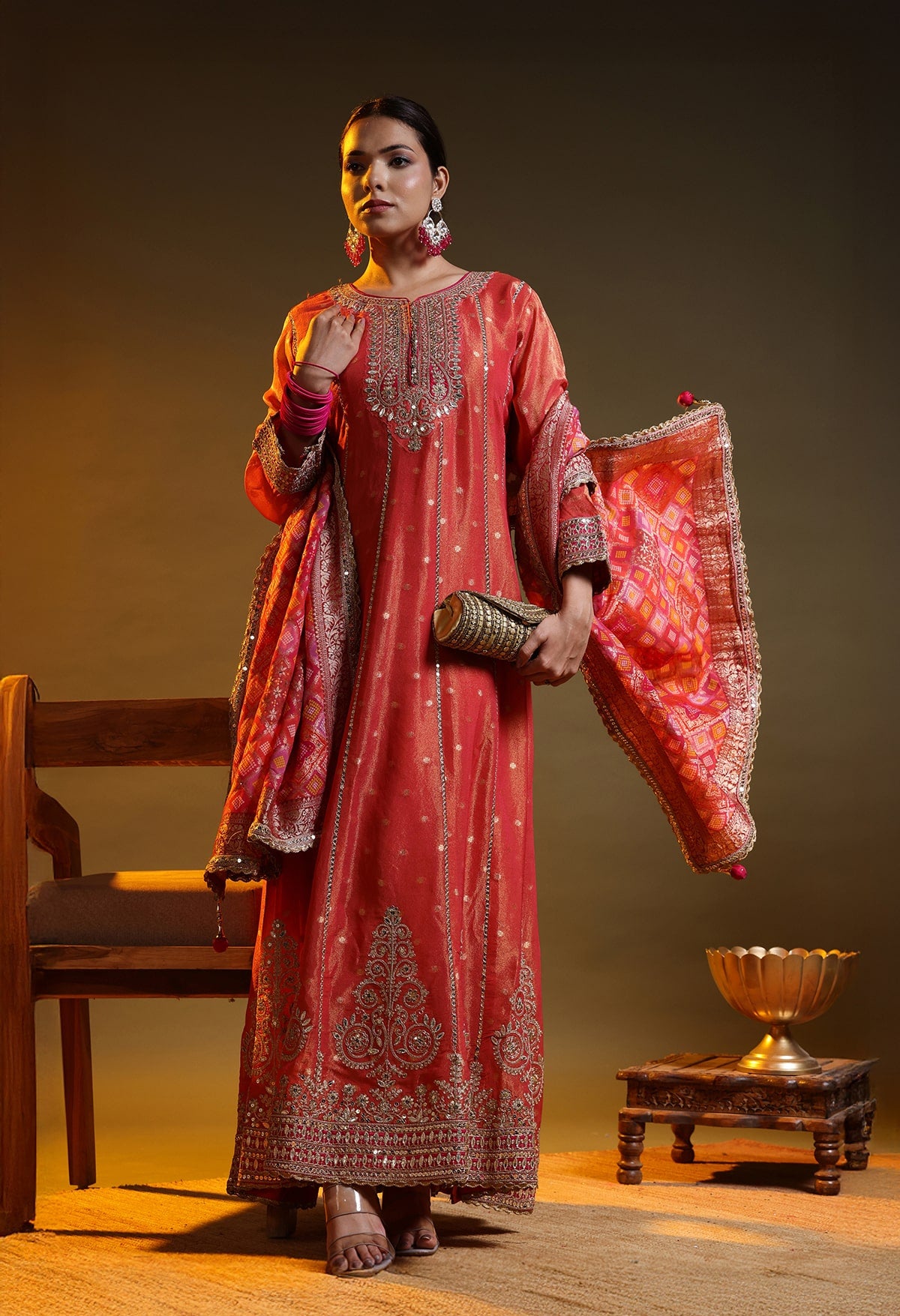 Pinkish Orange Tissue Silk & Banarasi Silk Zardozi–Sequin–Applique Anarkali Set