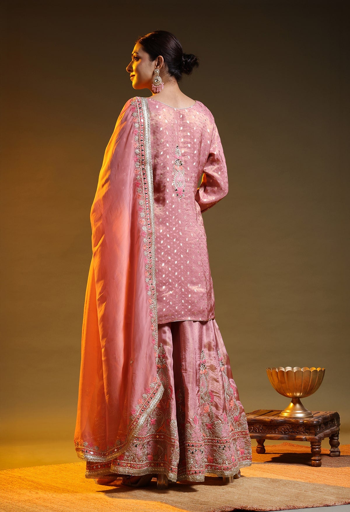 Dark Peach Tissue Silk & Organza Thread–Zardozi–Gotta Sharara Set