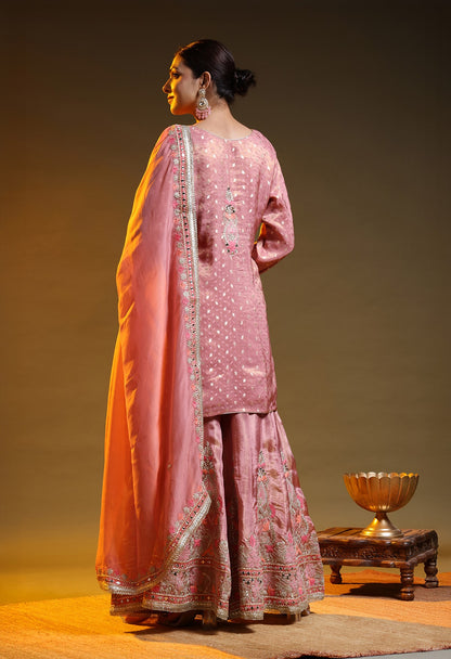 Dark Peach Tissue Silk & Organza Thread–Zardozi–Gotta Sharara Set