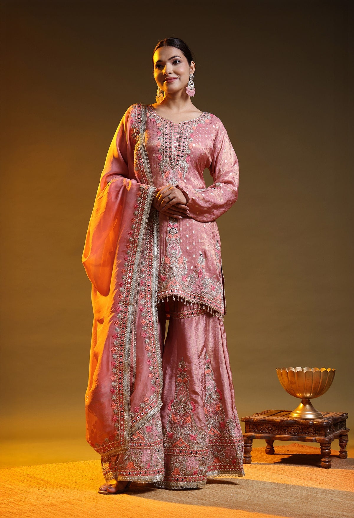 Dark Peach Tissue Silk & Organza Thread–Zardozi–Gotta Sharara Set