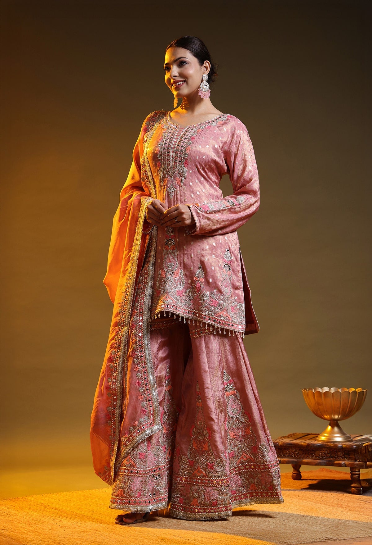 Dark Peach Tissue Silk & Organza Thread–Zardozi–Gotta Sharara Set