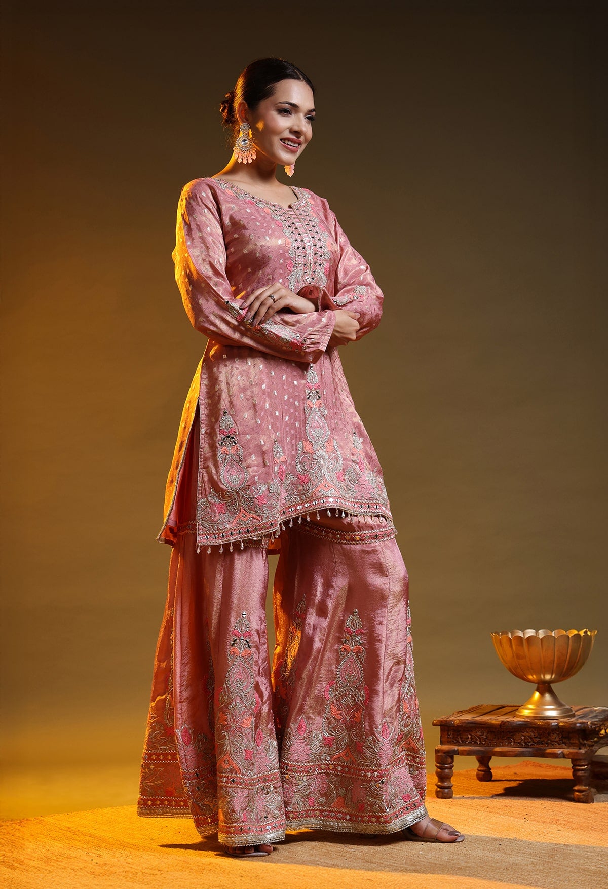 Dark Peach Tissue Silk & Organza Thread–Zardozi–Gotta Sharara Set