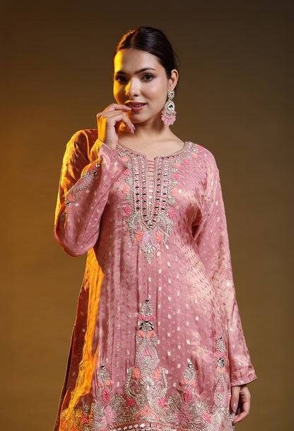 Dark Peach Tissue Silk & Organza Thread–Zardozi–Gotta Sharara Set
