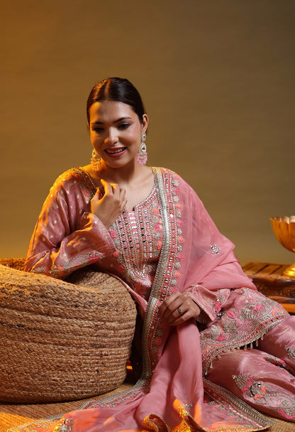 Dark Peach Tissue Silk & Organza Thread–Zardozi–Gotta Sharara Set