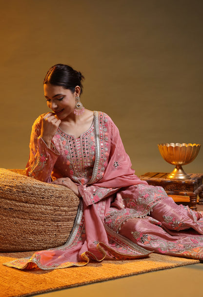 Dark Peach Tissue Silk & Organza Thread–Zardozi–Gotta Sharara Set