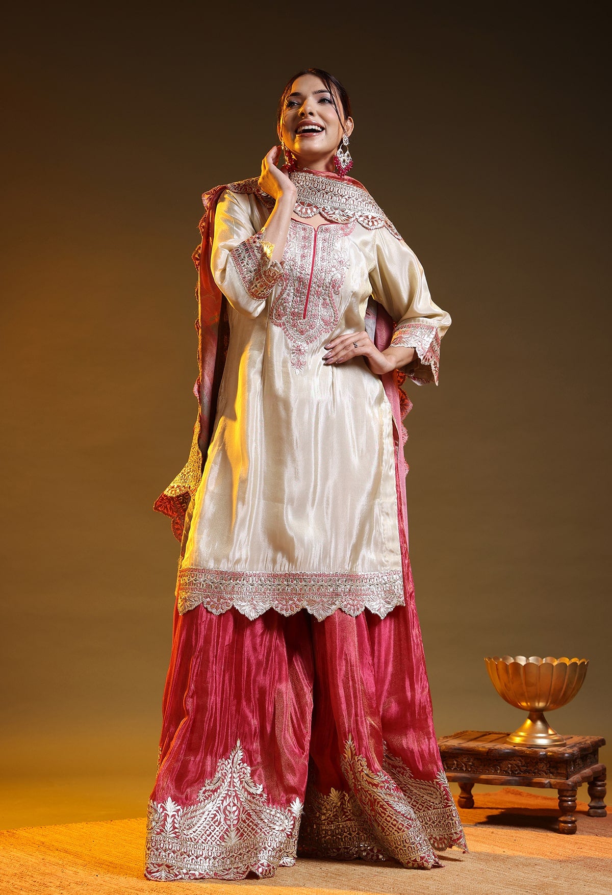 Golden Cream Tissue Crepe Gotta–Thread–Zardozi Sharara Set