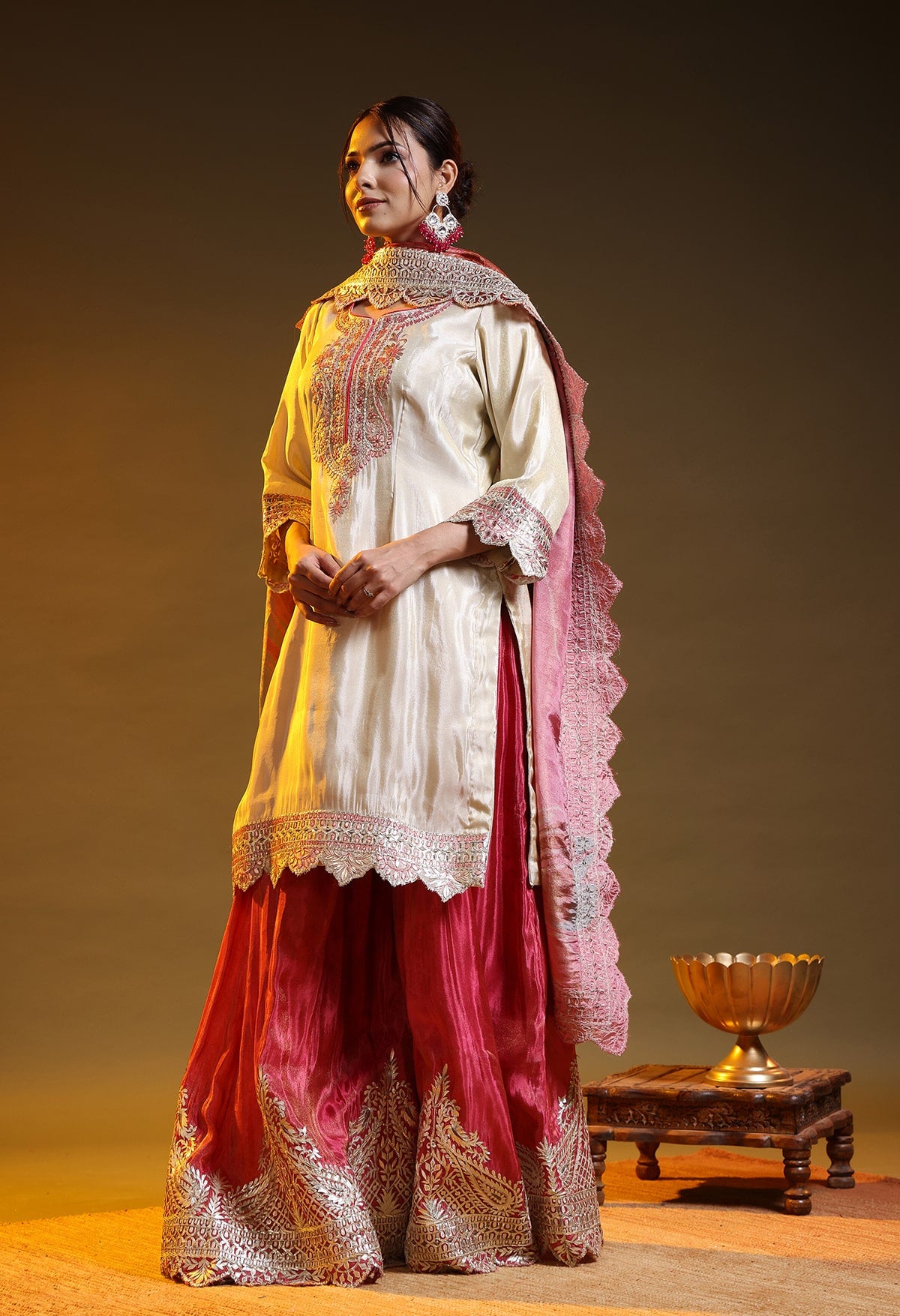 Golden Cream Tissue Crepe Gotta–Thread–Zardozi Sharara Set