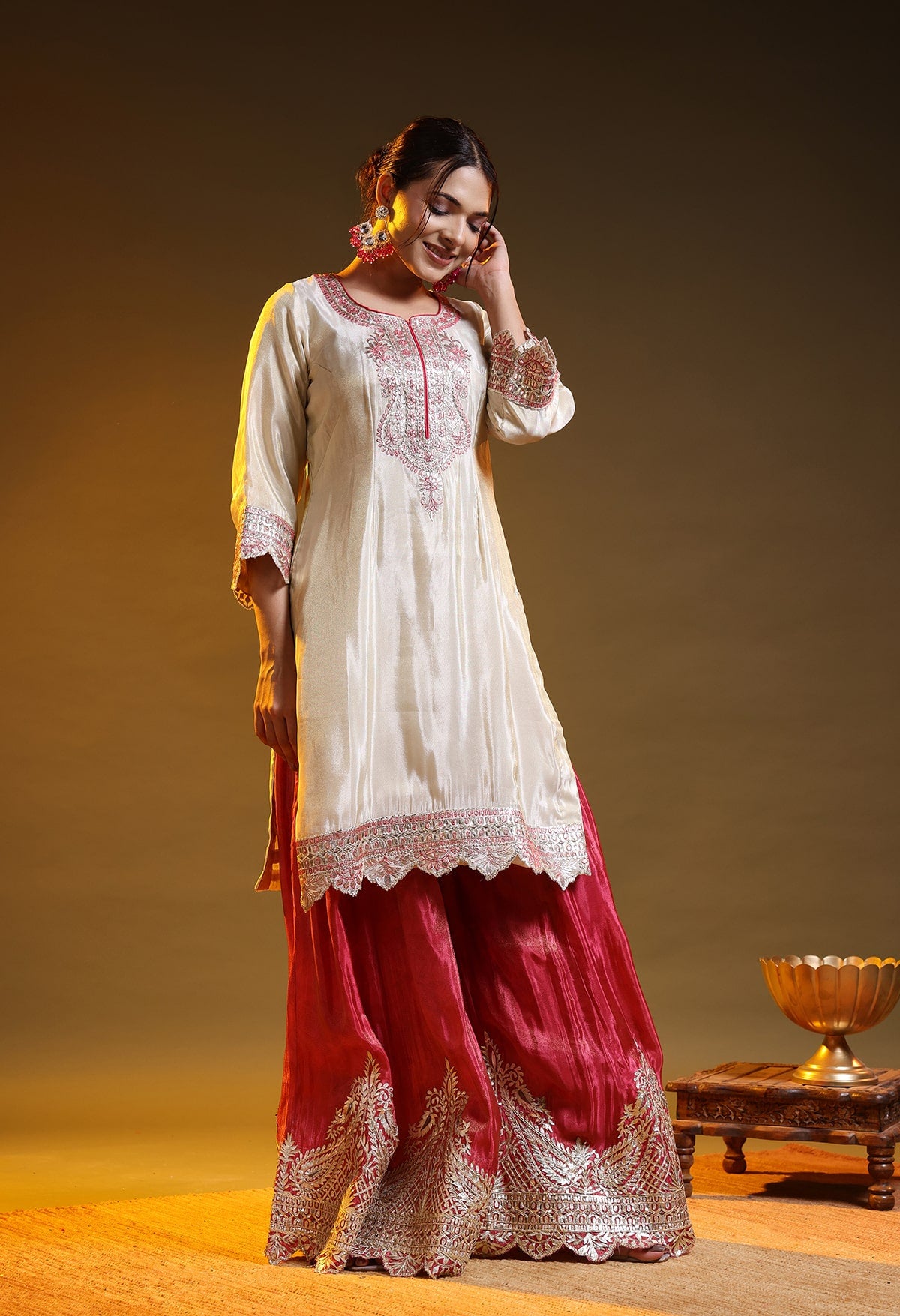 Golden Cream Tissue Crepe Gotta–Thread–Zardozi Sharara Set