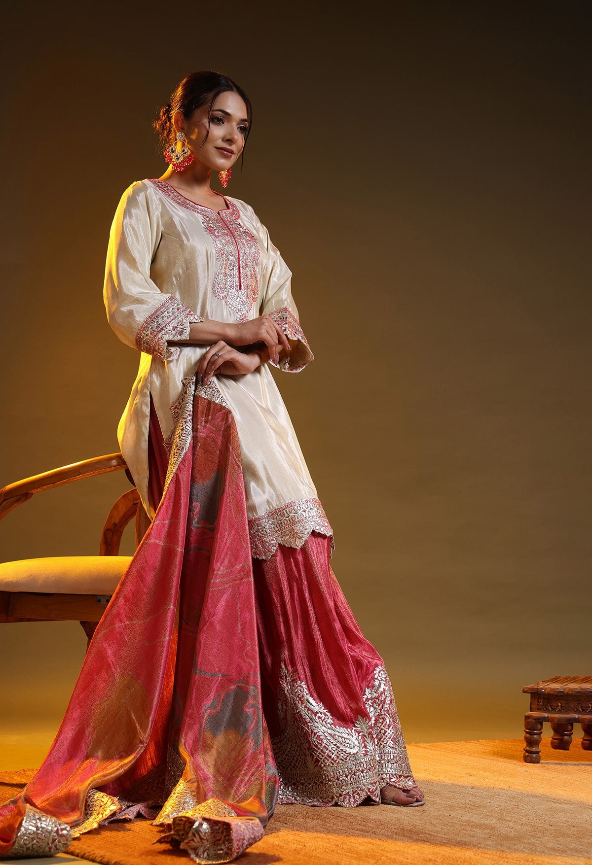 Golden Cream Tissue Crepe Gotta–Thread–Zardozi Sharara Set