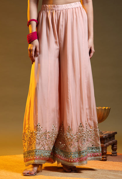 Peach Pink Organza Gotta–Mirror–Zardozi–Applique Sharara Set