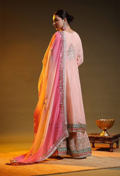 Peach Pink Organza Gotta–Mirror–Zardozi–Applique Sharara Set