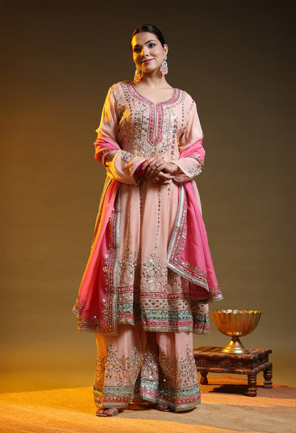 Peach Pink Organza Gotta–Mirror–Zardozi–Applique Sharara Set