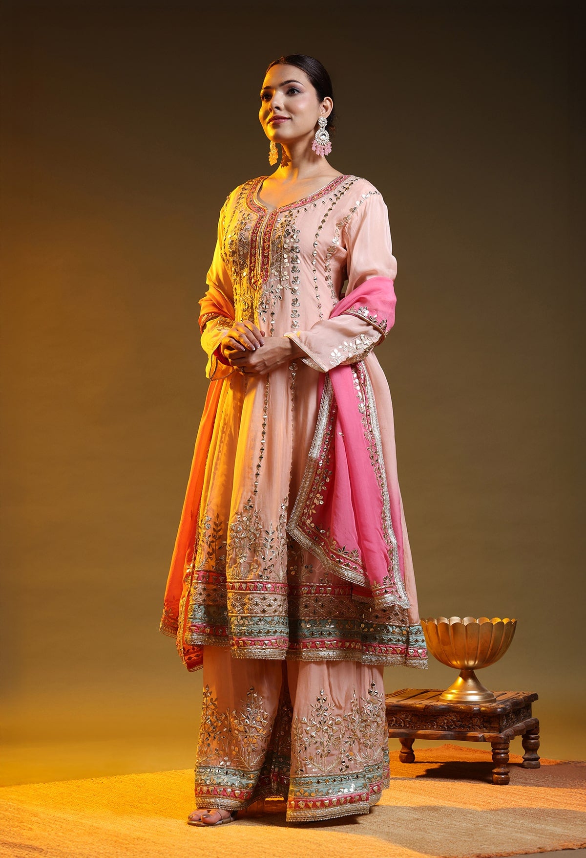 Peach Pink Organza Gotta–Mirror–Zardozi–Applique Sharara Set