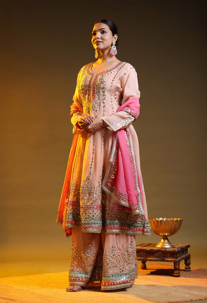 Peach Pink Organza Gotta–Mirror–Zardozi–Applique Sharara Set