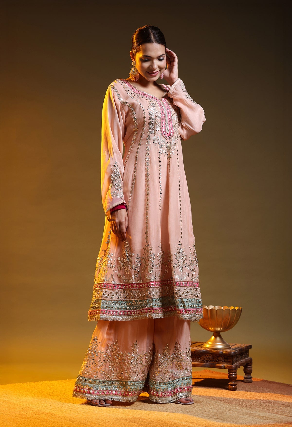 Peach Pink Organza Gotta–Mirror–Zardozi–Applique Sharara Set