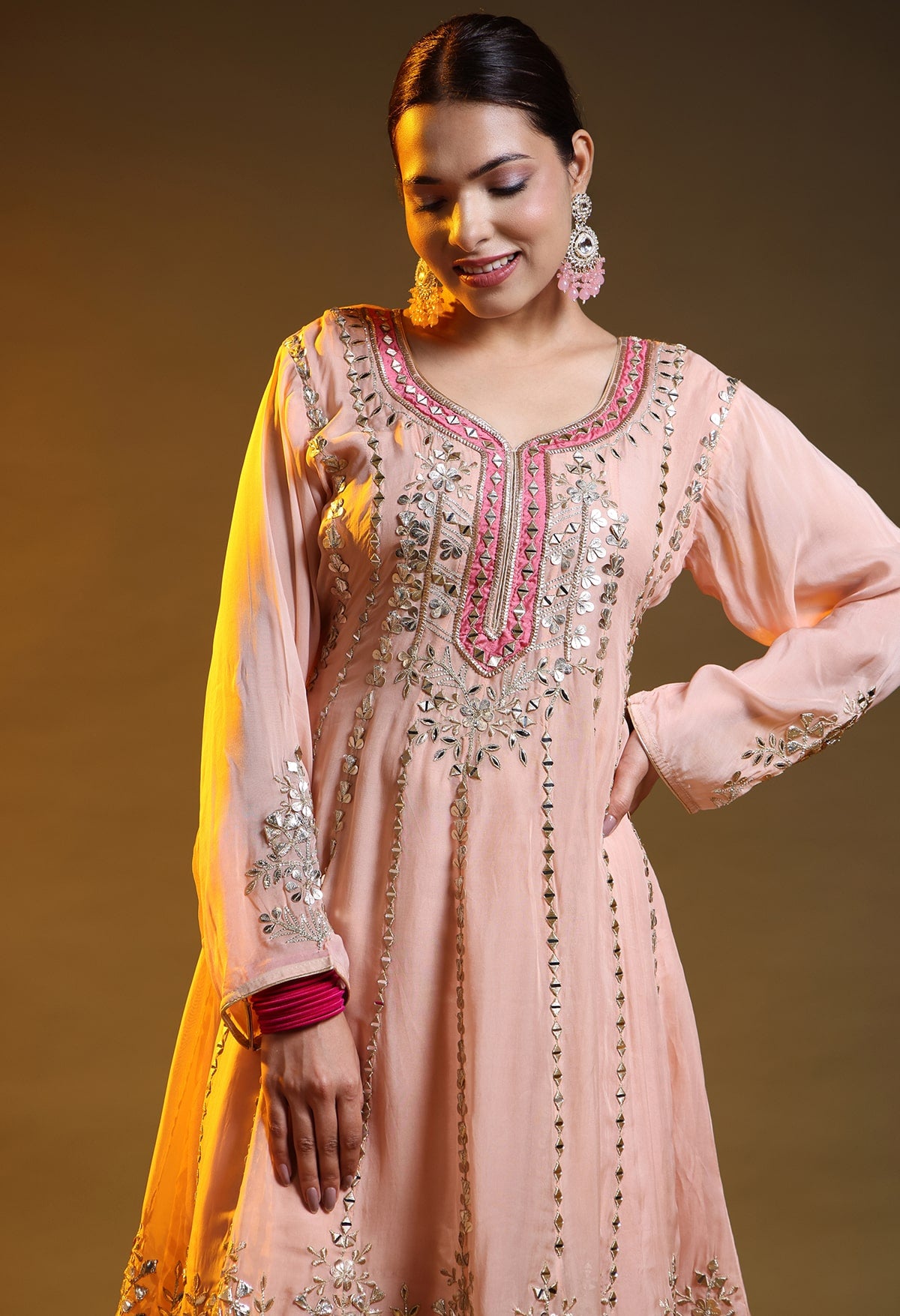 Peach Pink Organza Gotta–Mirror–Zardozi–Applique Sharara Set