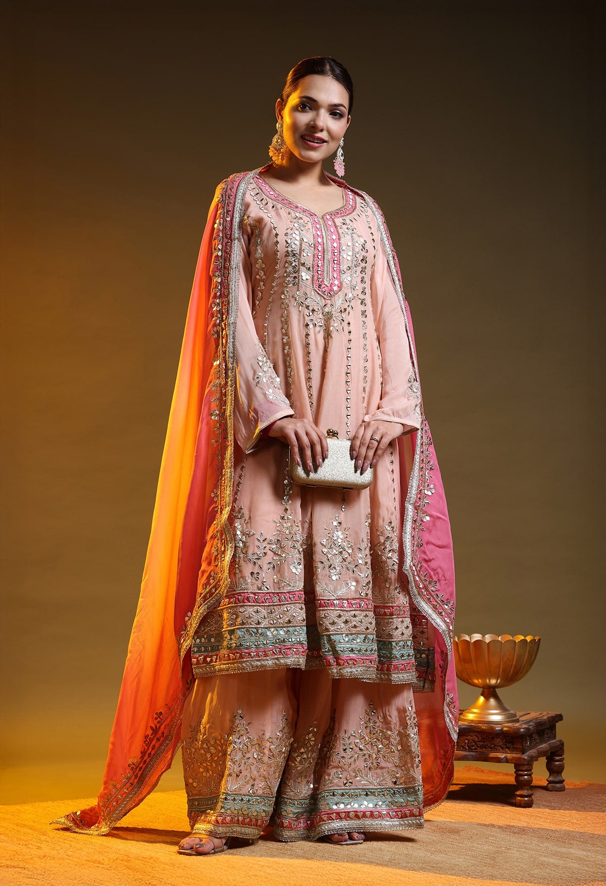 Peach Pink Organza Gotta–Mirror–Zardozi–Applique Sharara Set