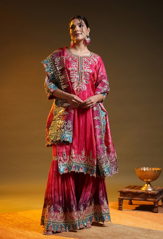 Hot Pink Tissue Crepe Gotta–Thread–Zardozi Gharara Set