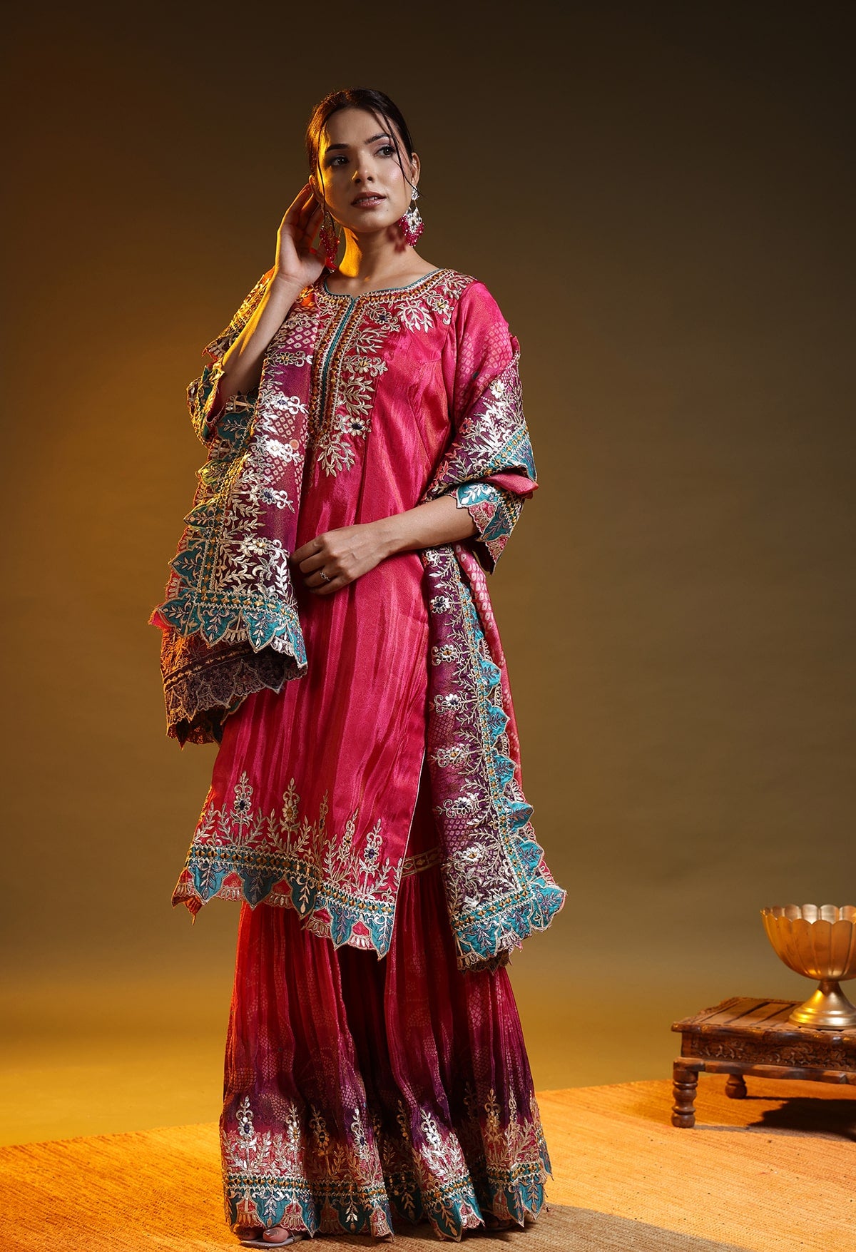 Hot Pink Tissue Crepe Gotta–Thread–Zardozi Gharara Set