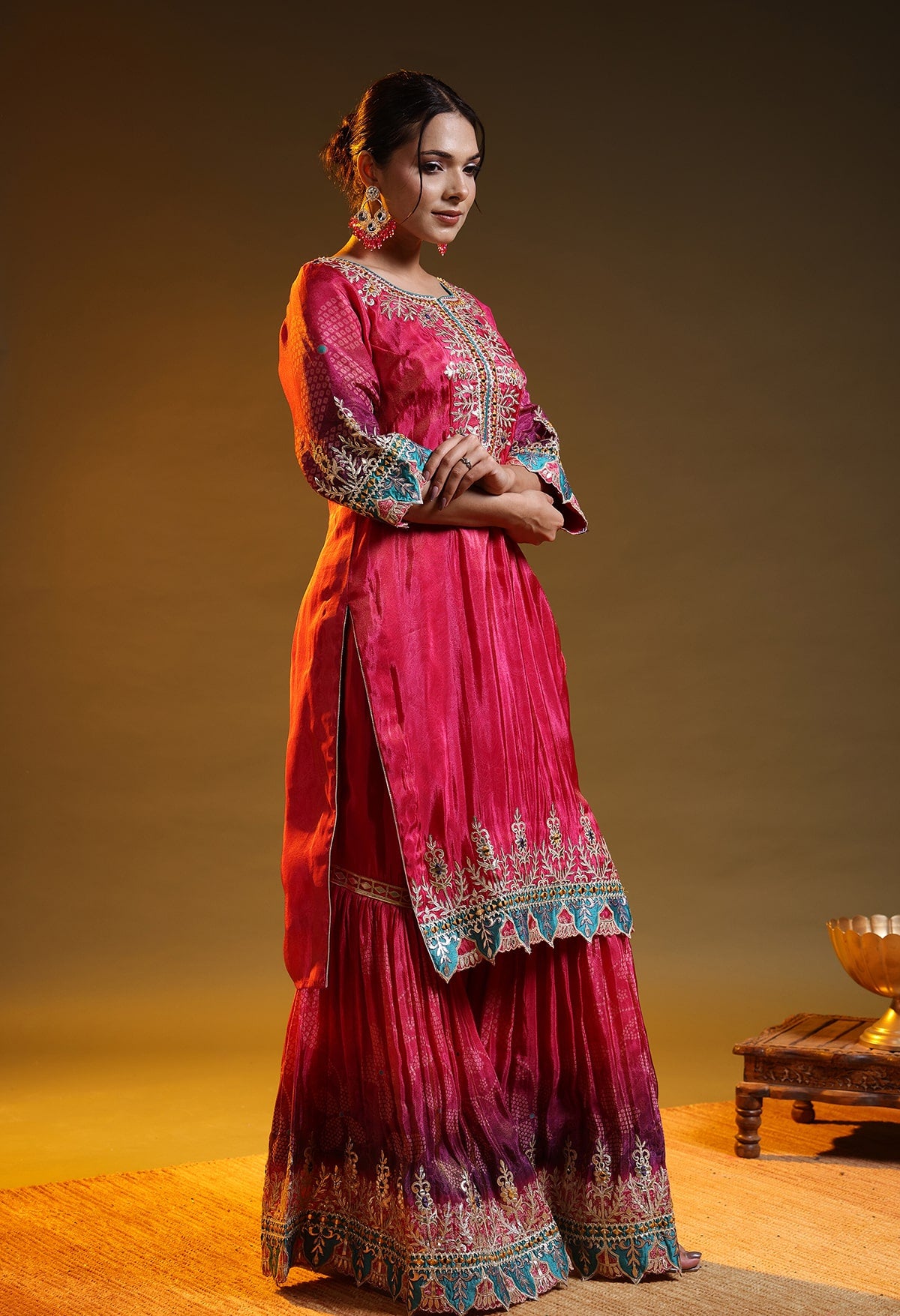 Hot Pink Tissue Crepe Gotta–Thread–Zardozi Gharara Set