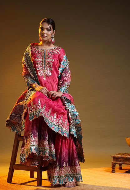 Hot Pink Tissue Crepe Gotta–Thread–Zardozi Gharara Set