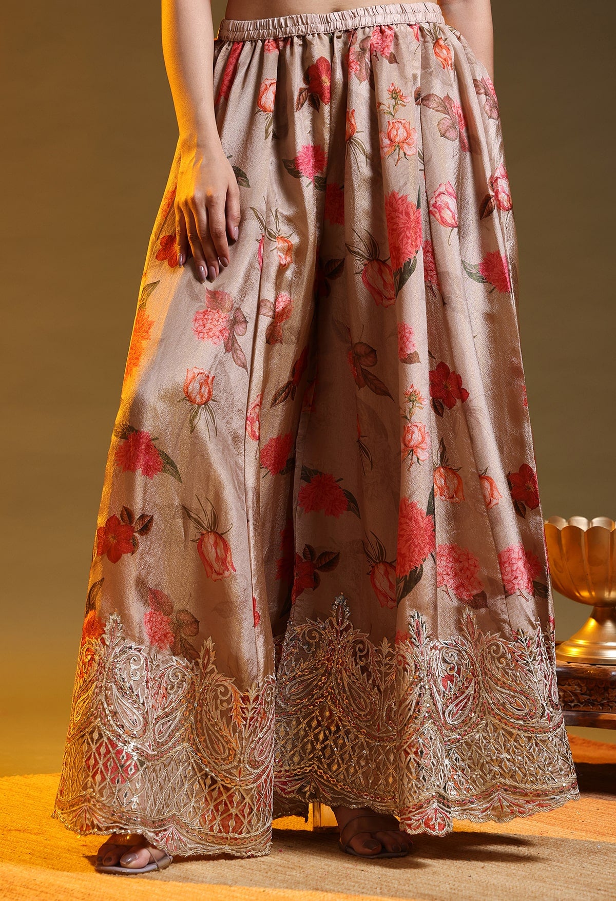 Golden Tissue Crepe Gotta–Zardozi–Thread Sharara Set