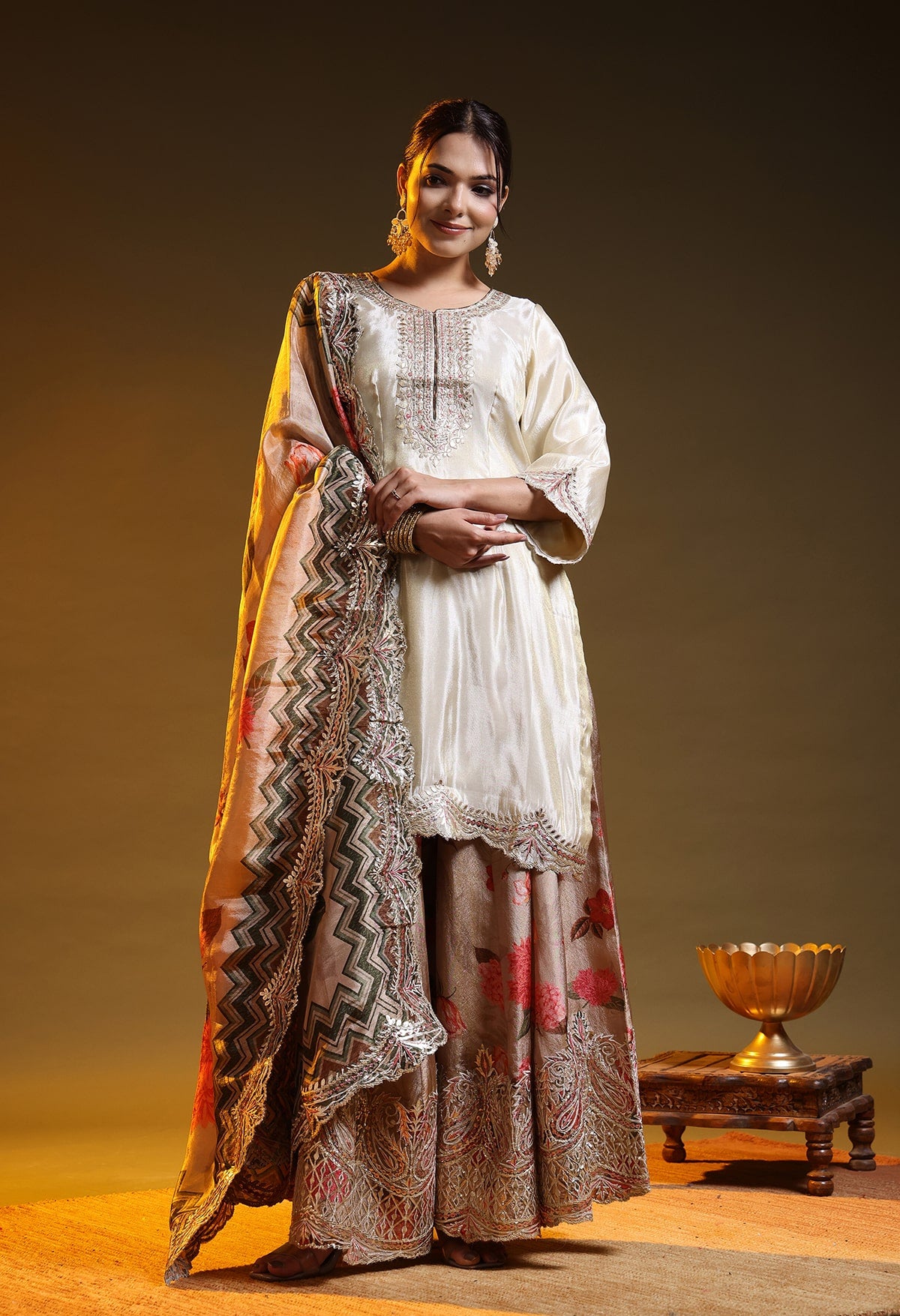 Golden Tissue Crepe Gotta–Zardozi–Thread Sharara Set