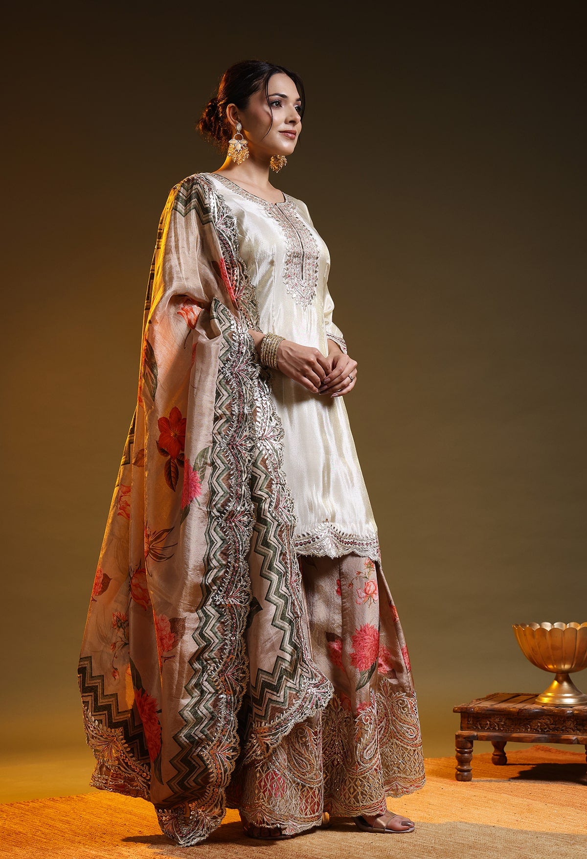 Golden Tissue Crepe Gotta–Zardozi–Thread Sharara Set