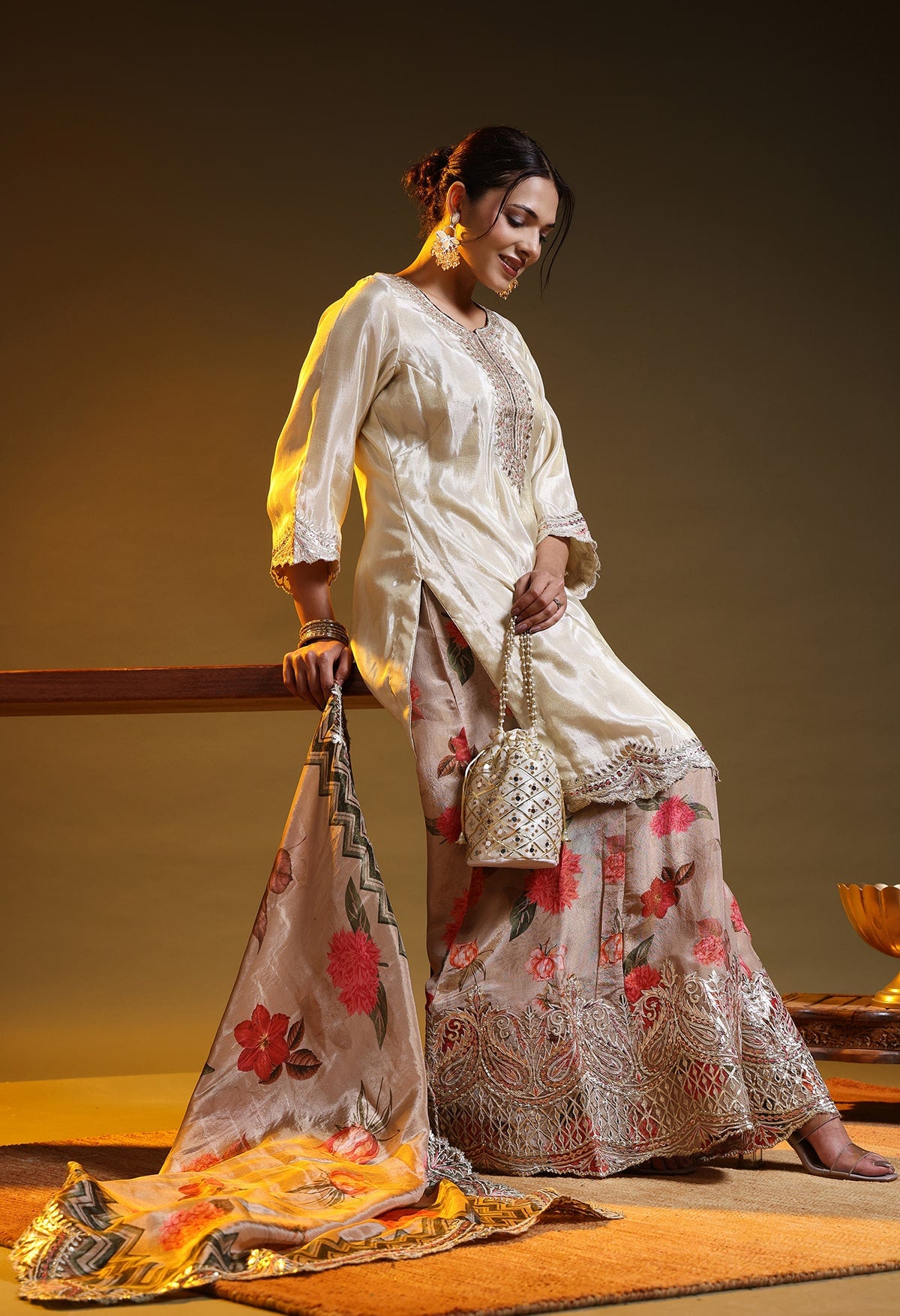 Golden Tissue Crepe Gotta–Zardozi–Thread Sharara Set