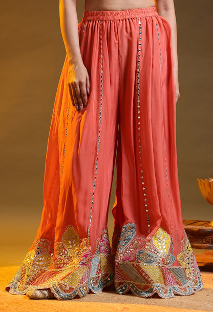Carrot Peach Benarasi Silk & Organza Gotta–Applique–Zardozi–Mirror Sharara Set
