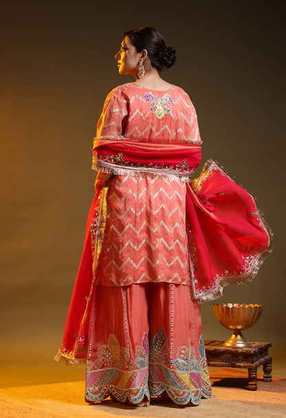 Carrot Peach Benarasi Silk & Organza Gotta–Applique–Zardozi–Mirror Sharara Set