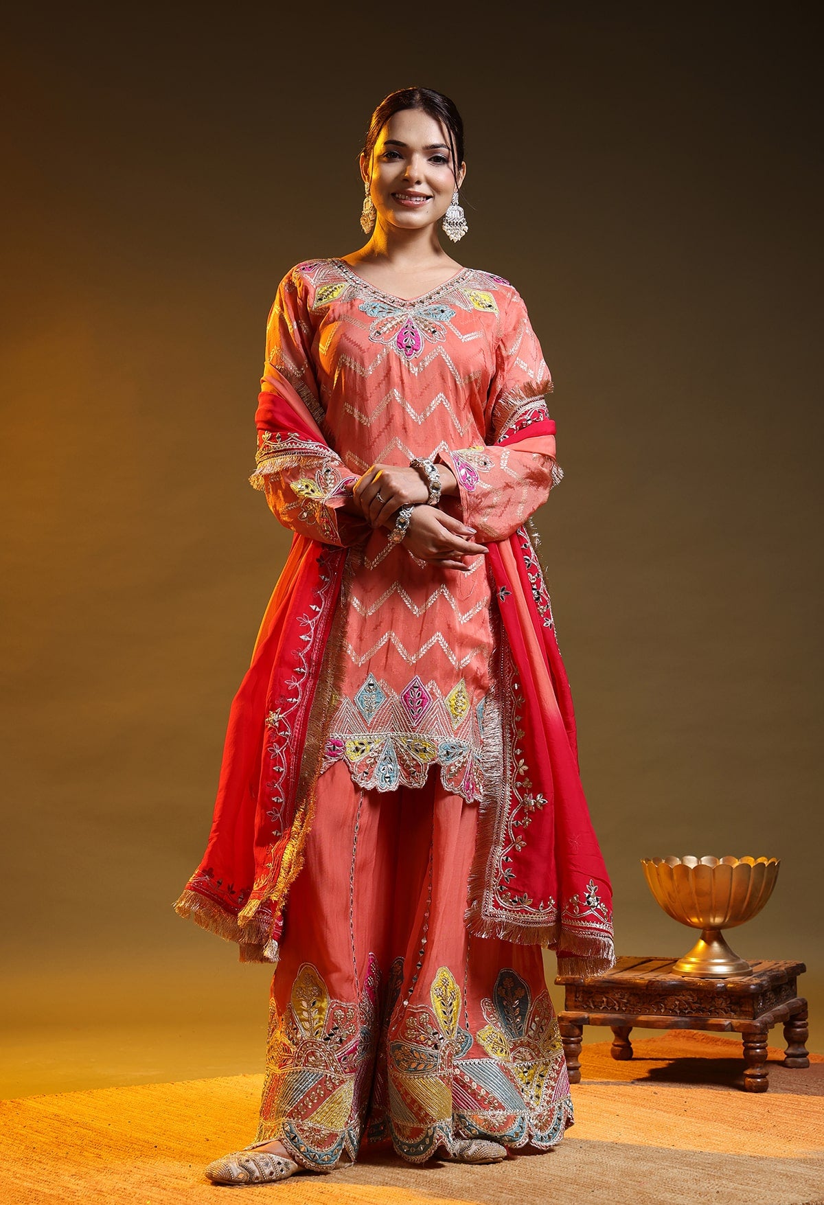 Carrot Peach Benarasi Silk & Organza Gotta–Applique–Zardozi–Mirror Sharara Set