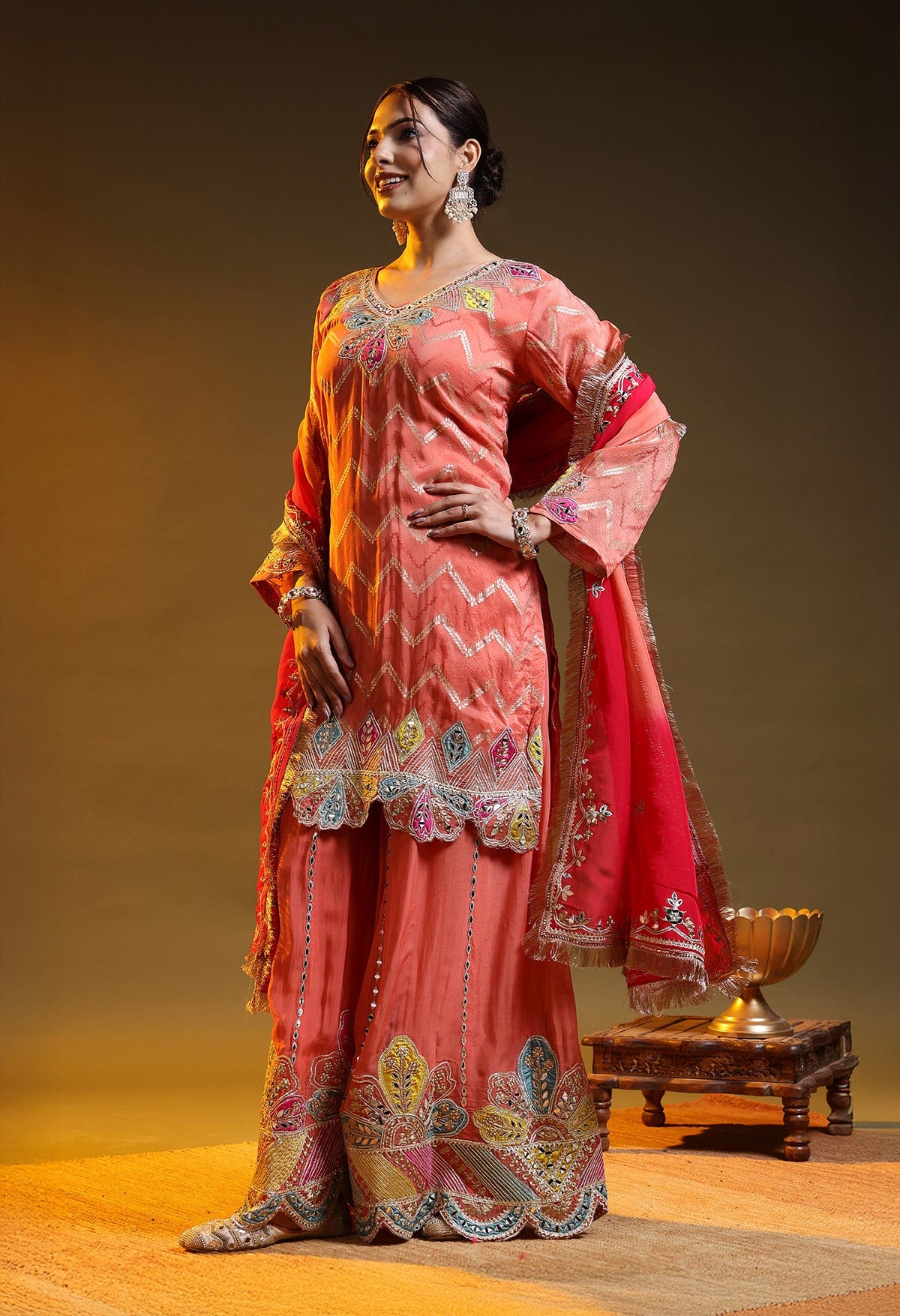 Carrot Peach Benarasi Silk & Organza Gotta–Applique–Zardozi–Mirror Sharara Set