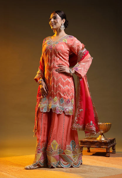 Carrot Peach Benarasi Silk & Organza Gotta–Applique–Zardozi–Mirror Sharara Set