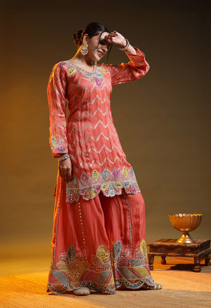 Carrot Peach Benarasi Silk & Organza Gotta–Applique–Zardozi–Mirror Sharara Set