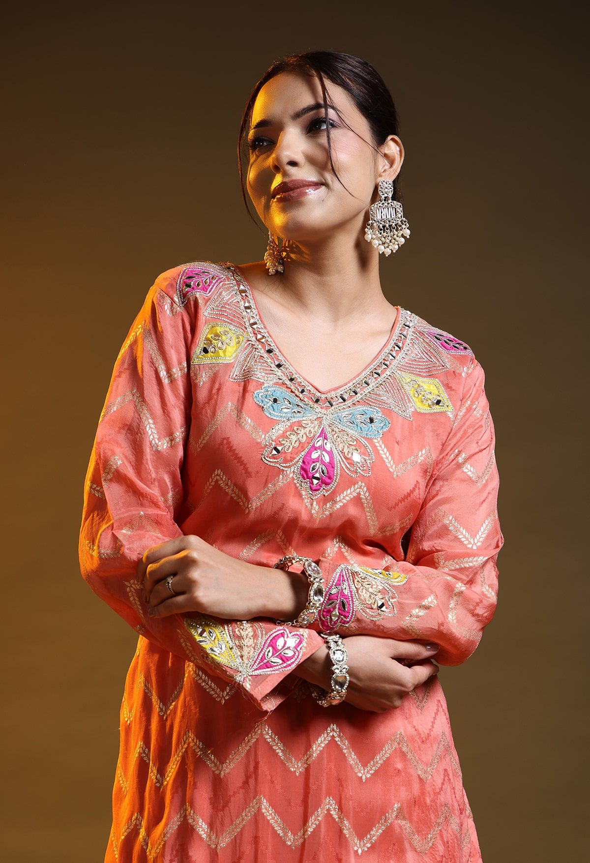 Carrot Peach Benarasi Silk & Organza Gotta–Applique–Zardozi–Mirror Sharara Set