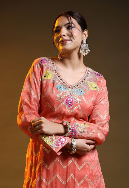 Carrot Peach Benarasi Silk & Organza Gotta–Applique–Zardozi–Mirror Sharara Set