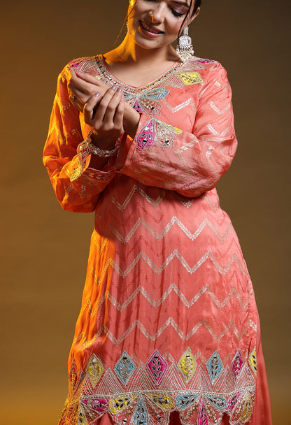 Carrot Peach Benarasi Silk & Organza Gotta–Applique–Zardozi–Mirror Sharara Set